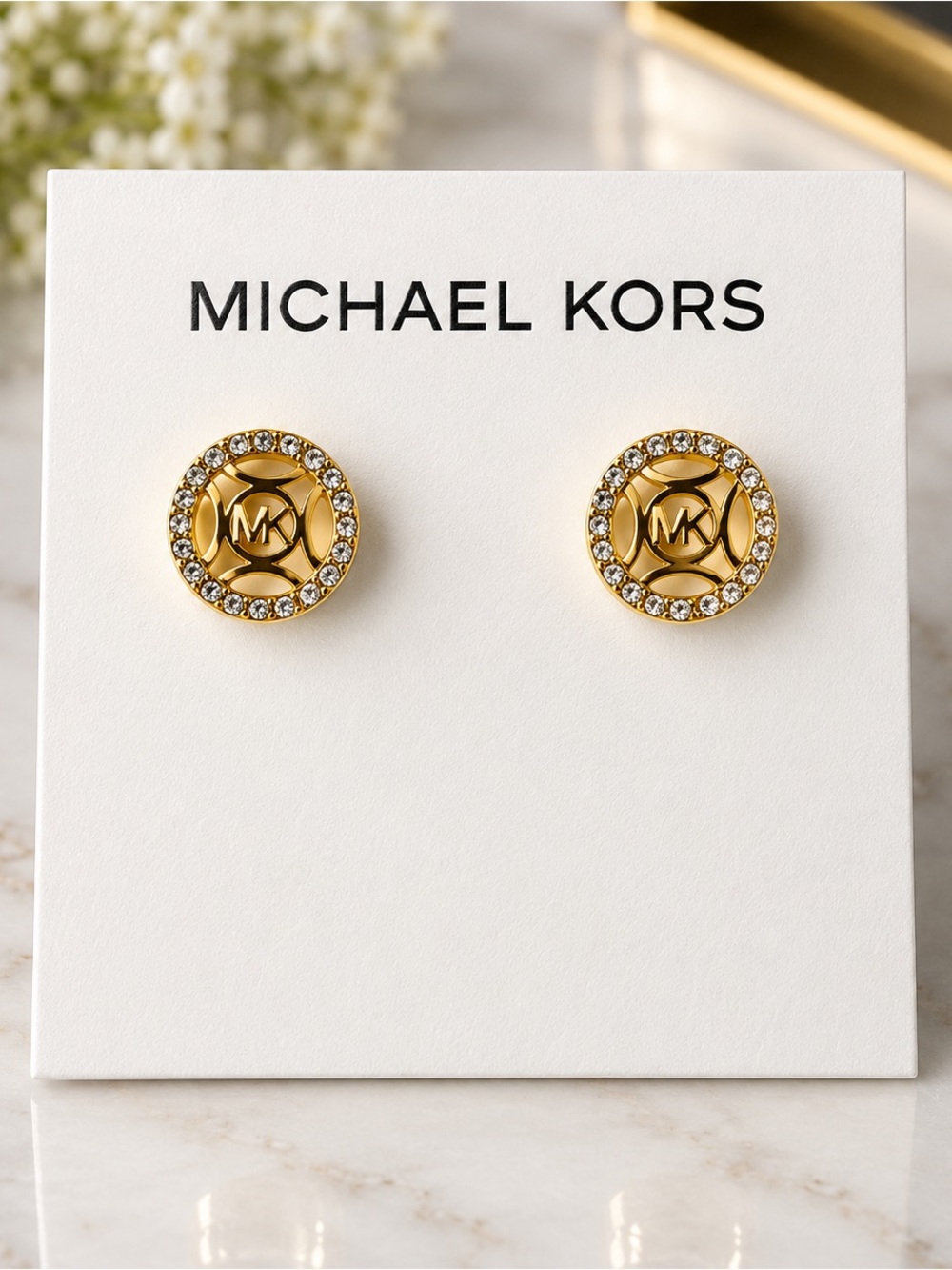 Michael Kors Gold Logo Crystal Border Stud Earrings